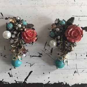 Vintage Inspired Bridal Gold Teal Coral Earrings